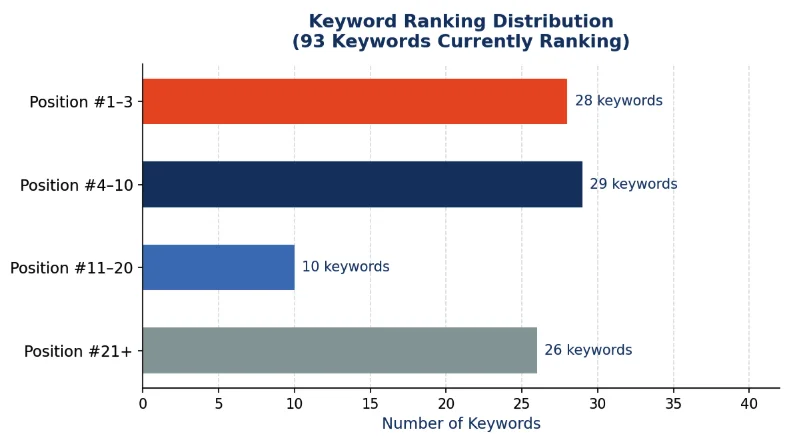 SEO keyword ranking distribution chart showing 93 ranking keywords, including 28 in positions 1–3 and 29 on Google page one